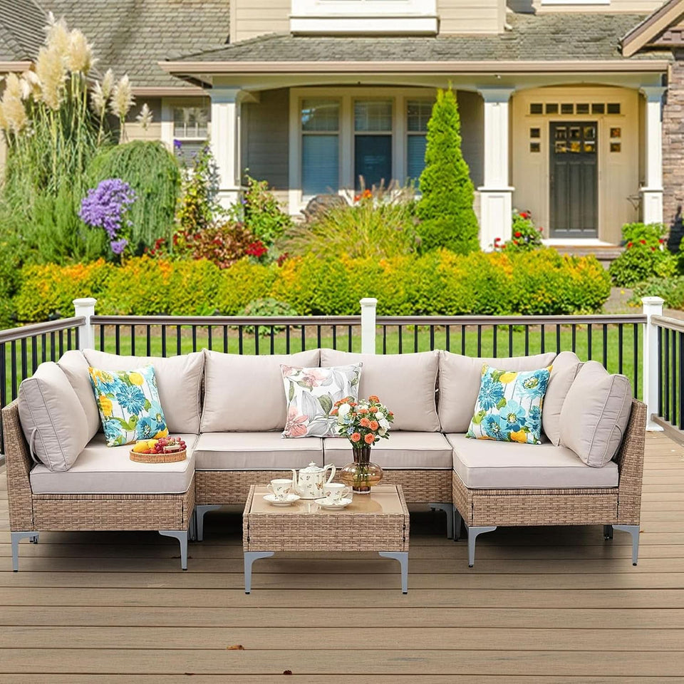 7 Piece Wicker Patio Furniture Set with Thick Cushions