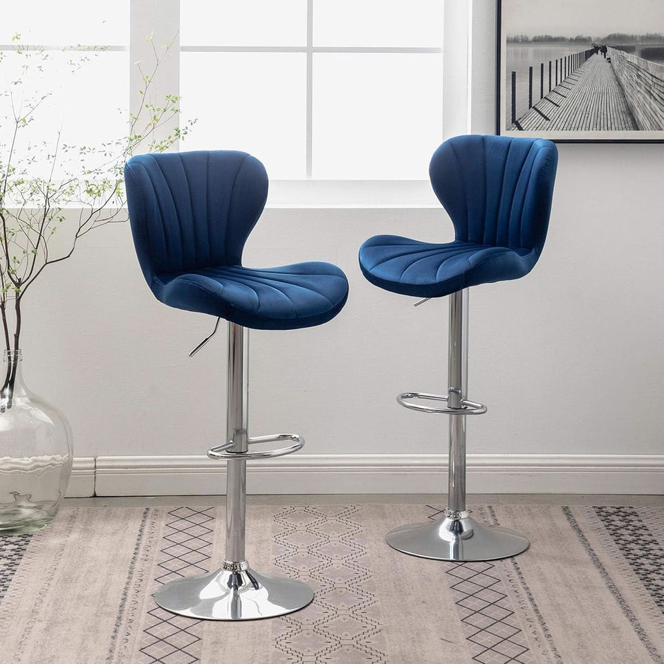 Blue Velvet Adjustable Swivel Bar Stools Set of 2 Modern