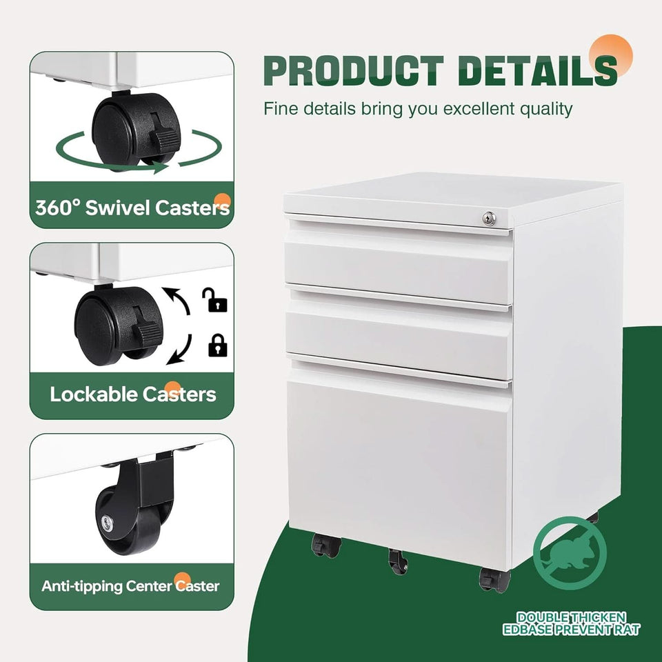 3 Drawer Mobile File Cabinet With Lock Under Desk Filing Cabinet For Home Office