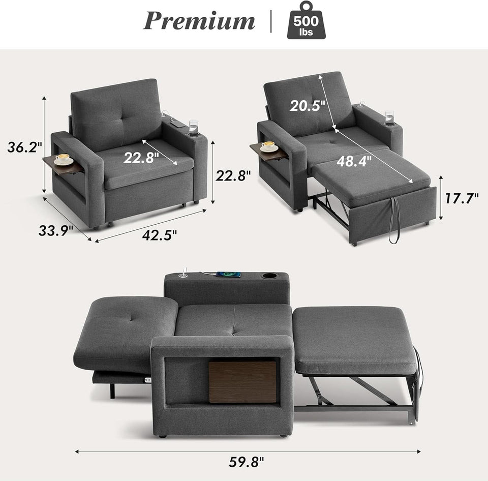 3 In 1 Sleeper Sofa Chair Bed With USB Ports