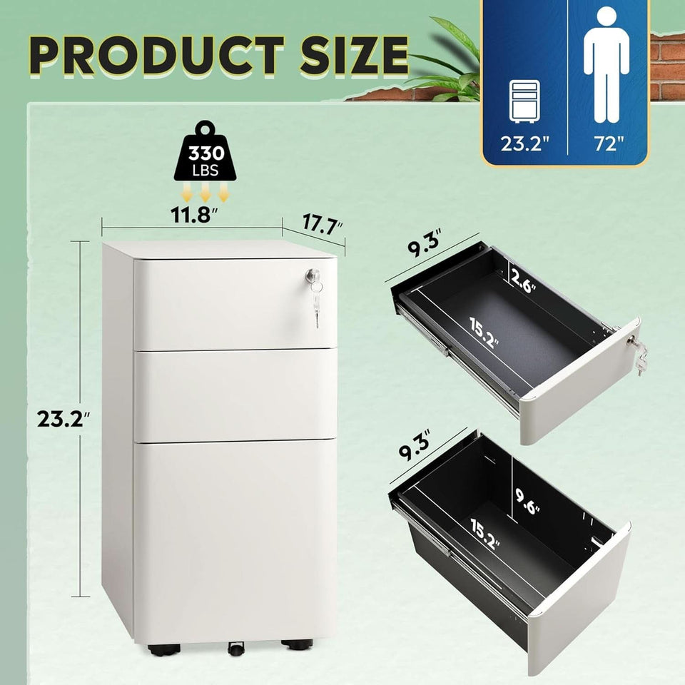 White 3 Drawer Slim File Cabinet For Office Lockable