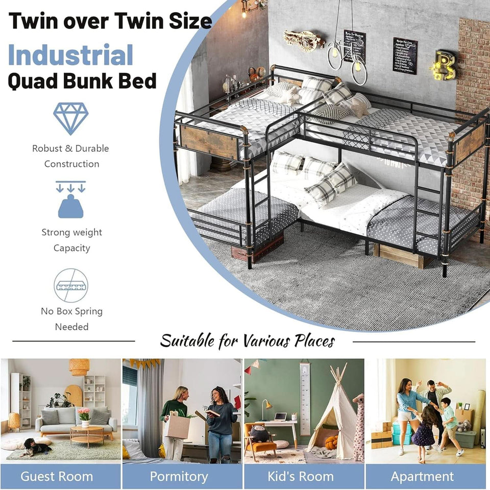 Quad Bunk Bed Twin Size Metal With Ladders Detachable Black