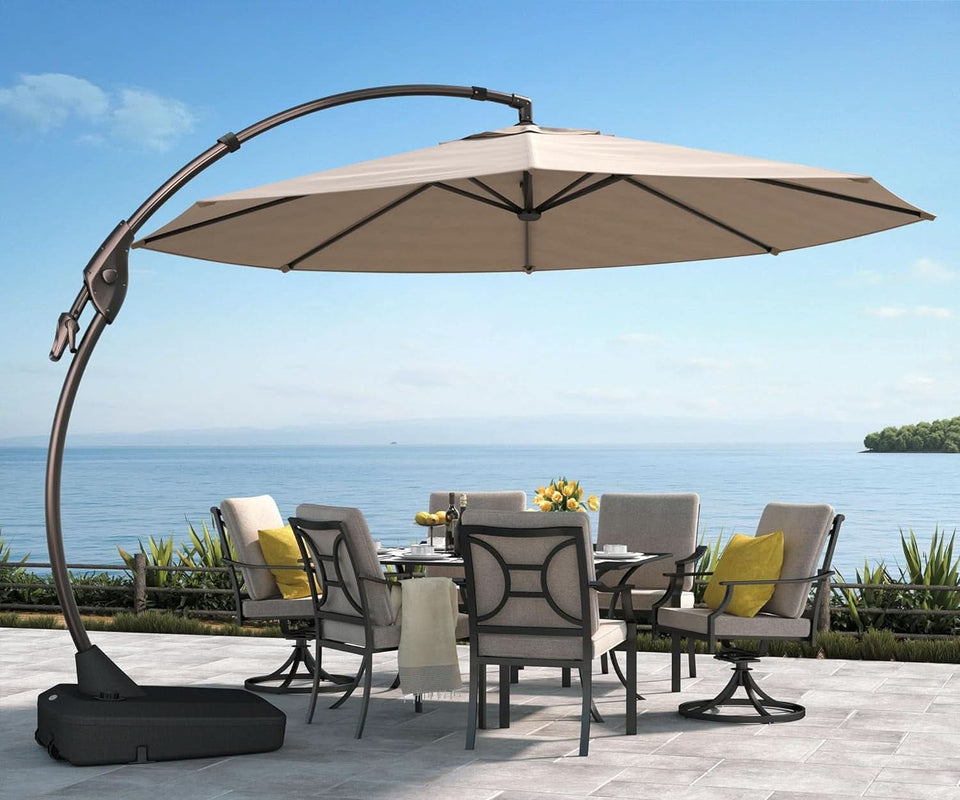 11ft Cantilever Umbrella With Base Champagne Aluminum Outdoor Patio Shade Durable Frame 11ft Cantilever Umbrella With Base Champagne Aluminum Outdoor Patio Shade Durable Frame