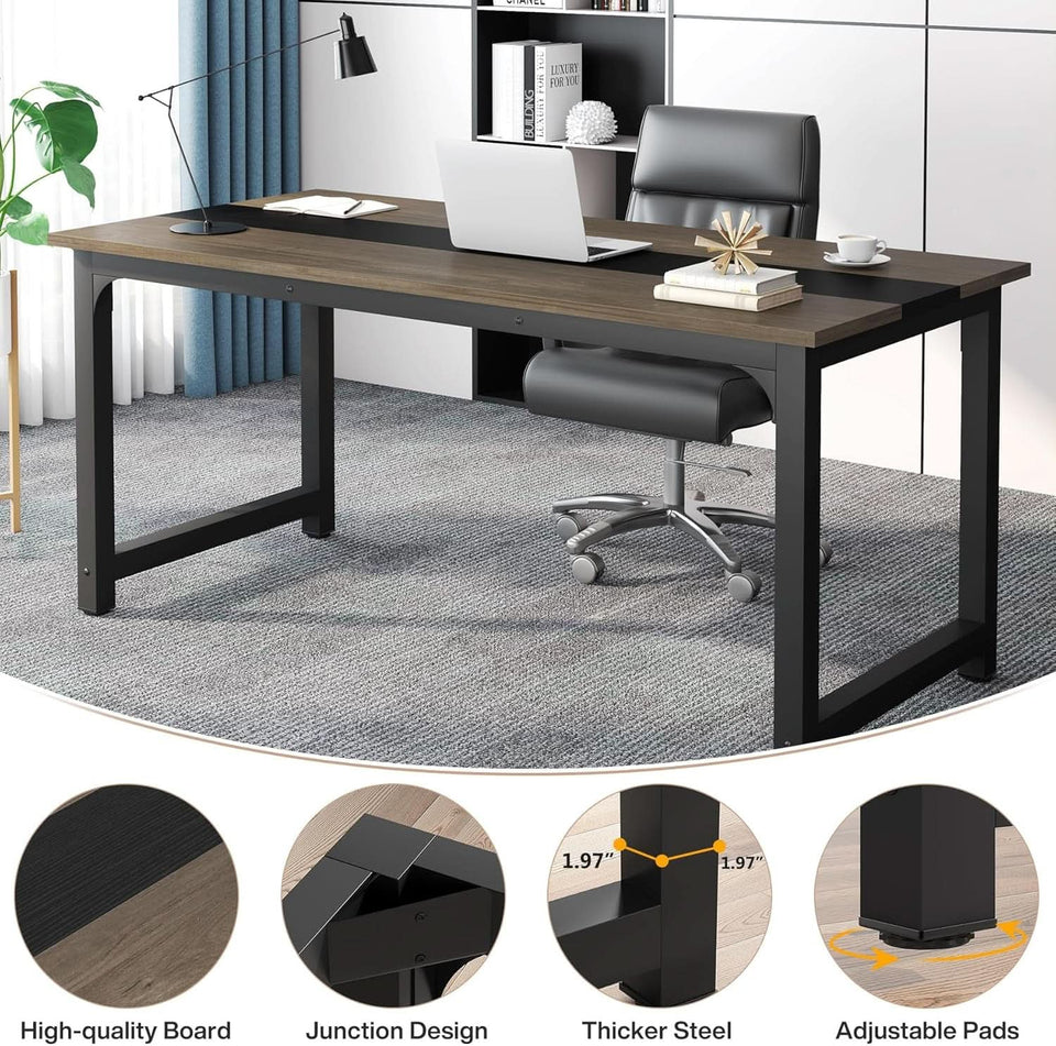 70.8 Inch Executive Desk Vintage Grey Black Large Office Computer Desk