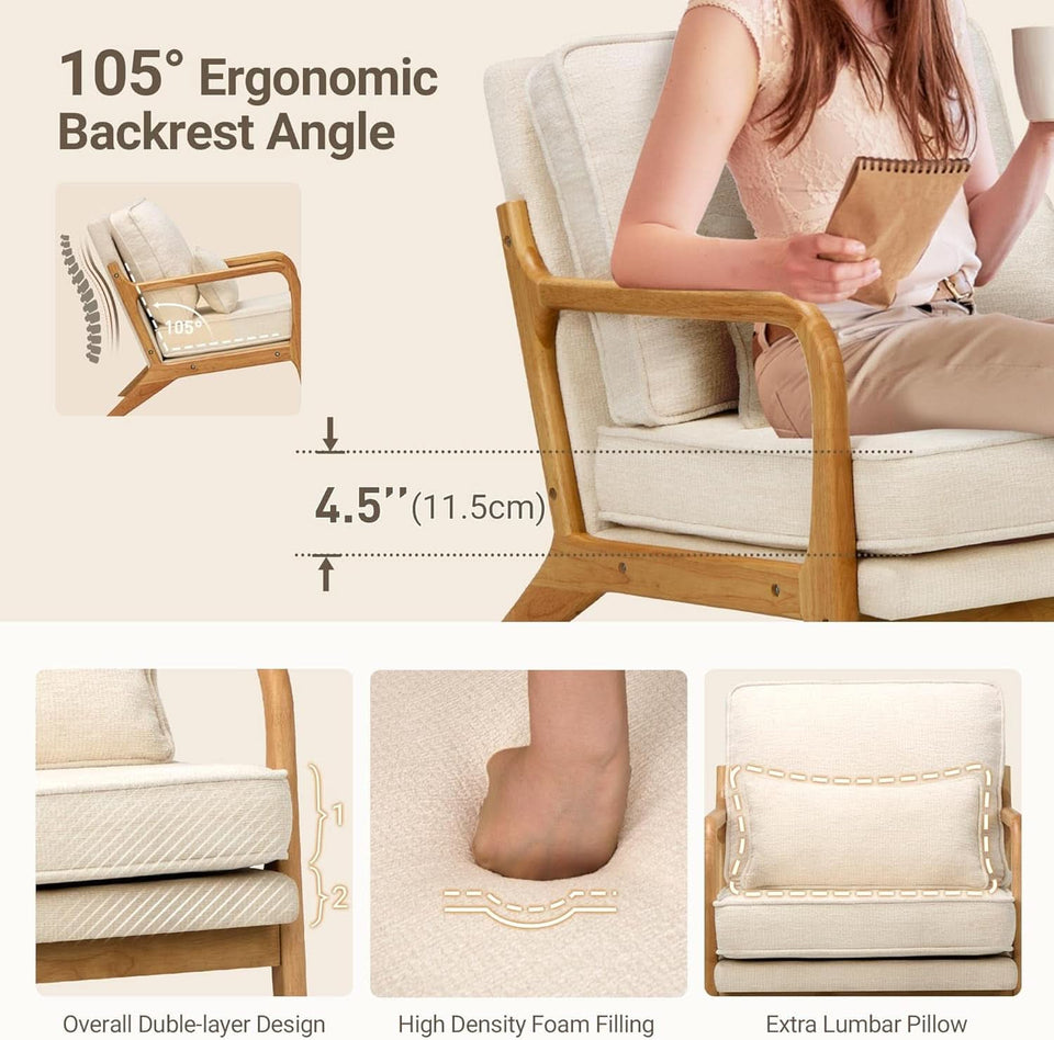 Beige Mid Century Accent Armchair Lumbar Support Pillow