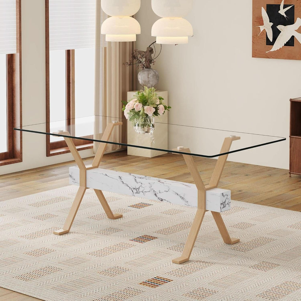 71 Inch Glass Dining Table With Tempered Glass Top