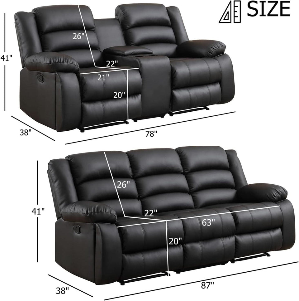Black Faux Leather Manual Recliner Sofa Set With Loveseat