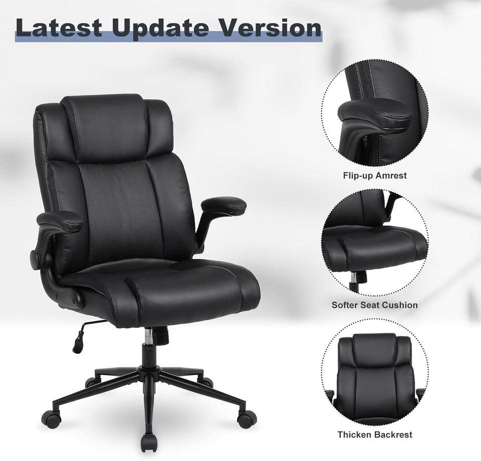 Black Leather Office Chair With Flip Up Armrests And Wheels