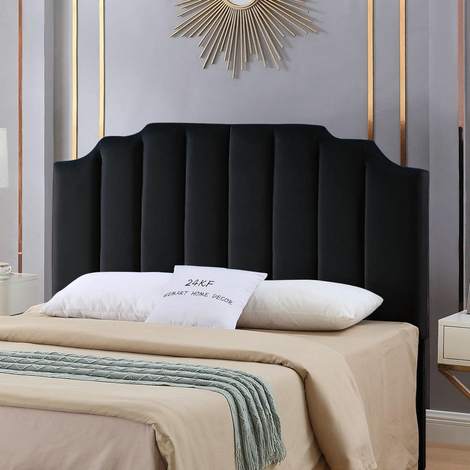 Elegant Black Velvet Tufted Queen Headboard with Curved Design