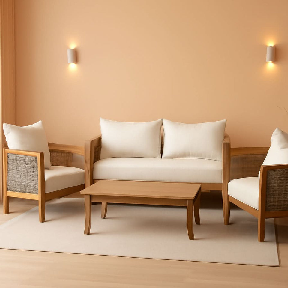 Burchett Outdoor 4 Piece Chat Set Acacia Wood And Wicker Teak Brown Beige