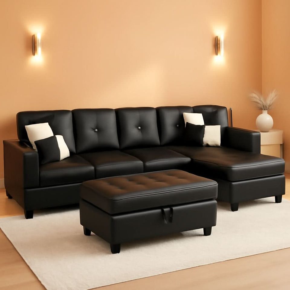 Black Faux Leather Sectional Sofa Set With Ottoman
