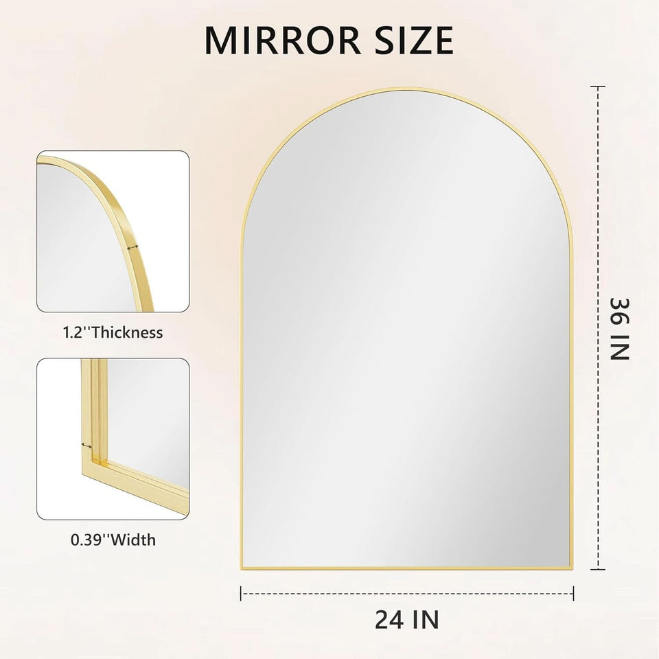 Gold Arched Wall Mirror 24x36 For Bathroom Vanity Decor