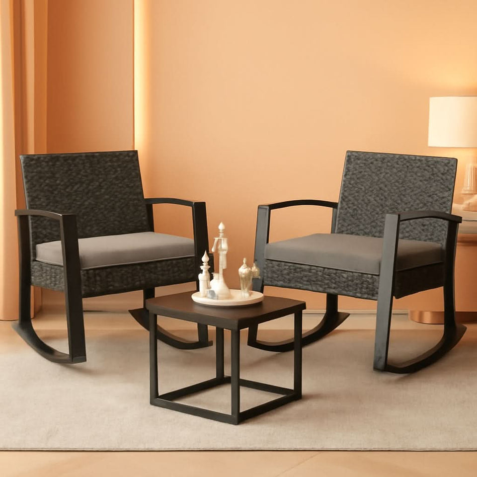 3 Piece Rattan Rocking Bistro Set With Coffee Table Outdoor Patio Furniture Grey Cushions
