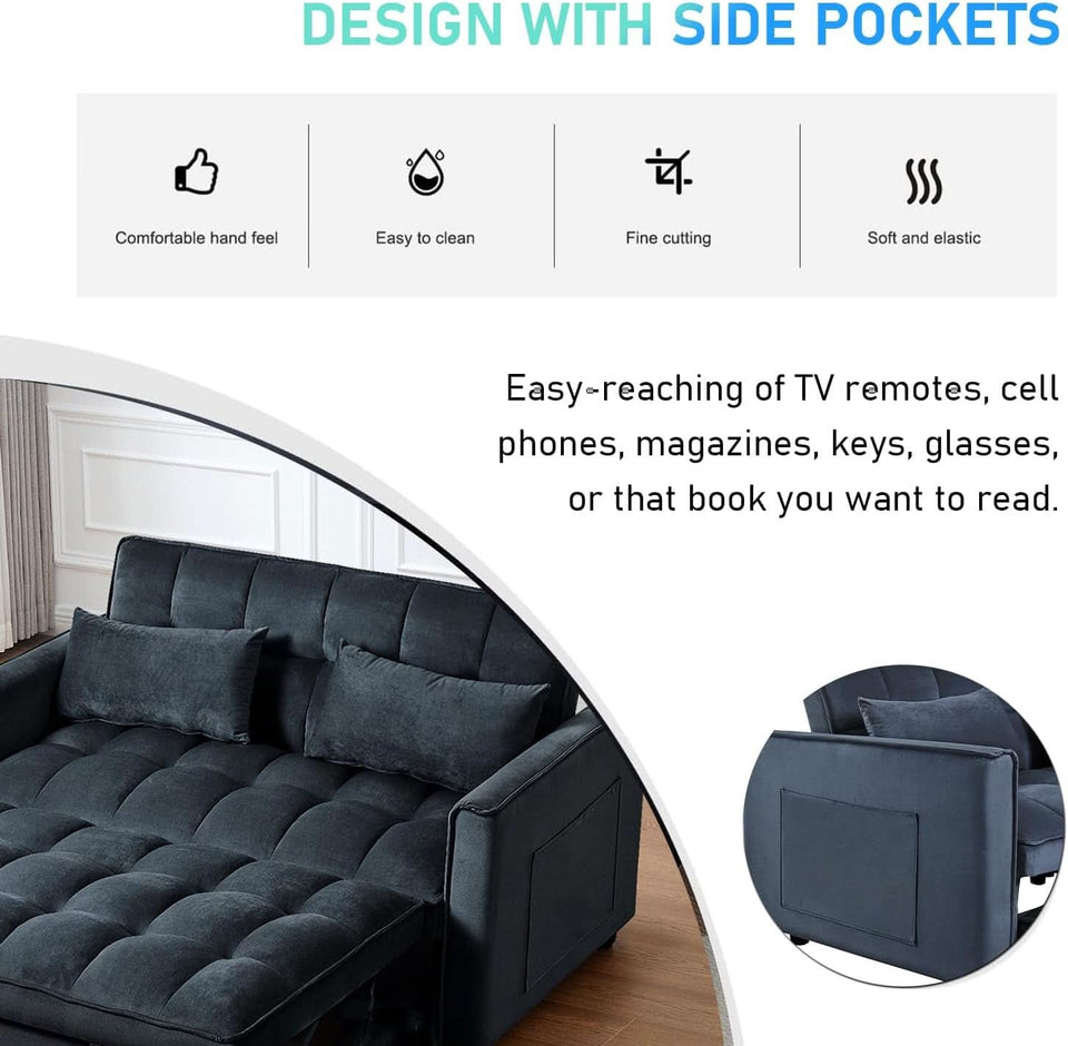 Black Velvet Convertible Sleeper Sofa Bed Luxurious