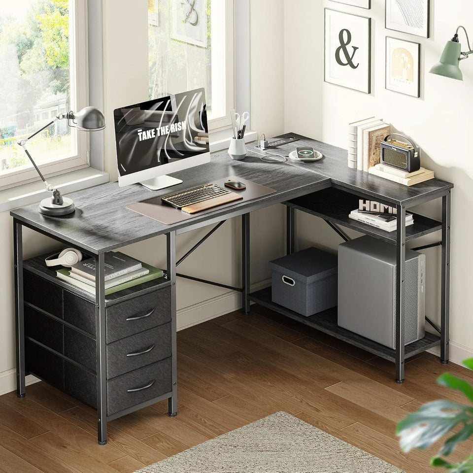 47 Inch L Shaped Desk With Power Outlets And 3 Drawers Grey