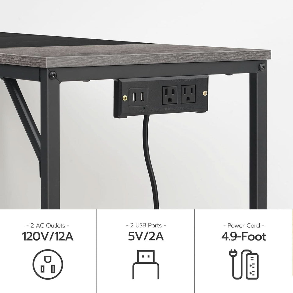Charcoal Gray Computer Desk With Power Outlet And Hooks