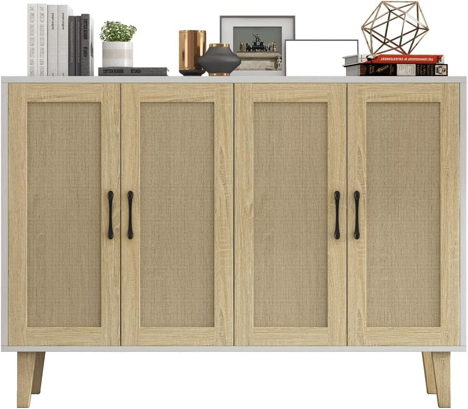 Buffet Storage Cabinet White Rattan Decor 4 Doors 48 Inch