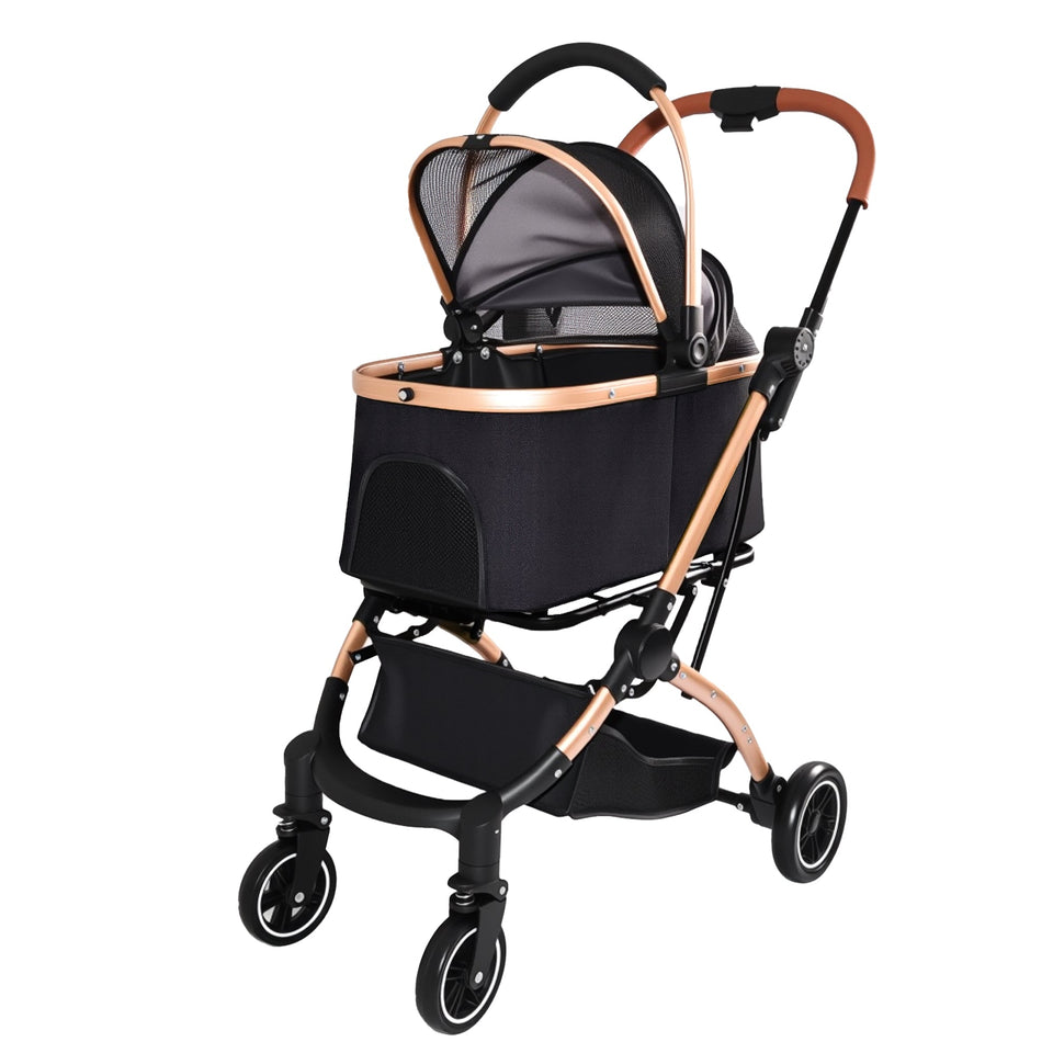 2-in-1 Foldable Pet Stroller with Detachable Carrier and Sun Canopy - Gray