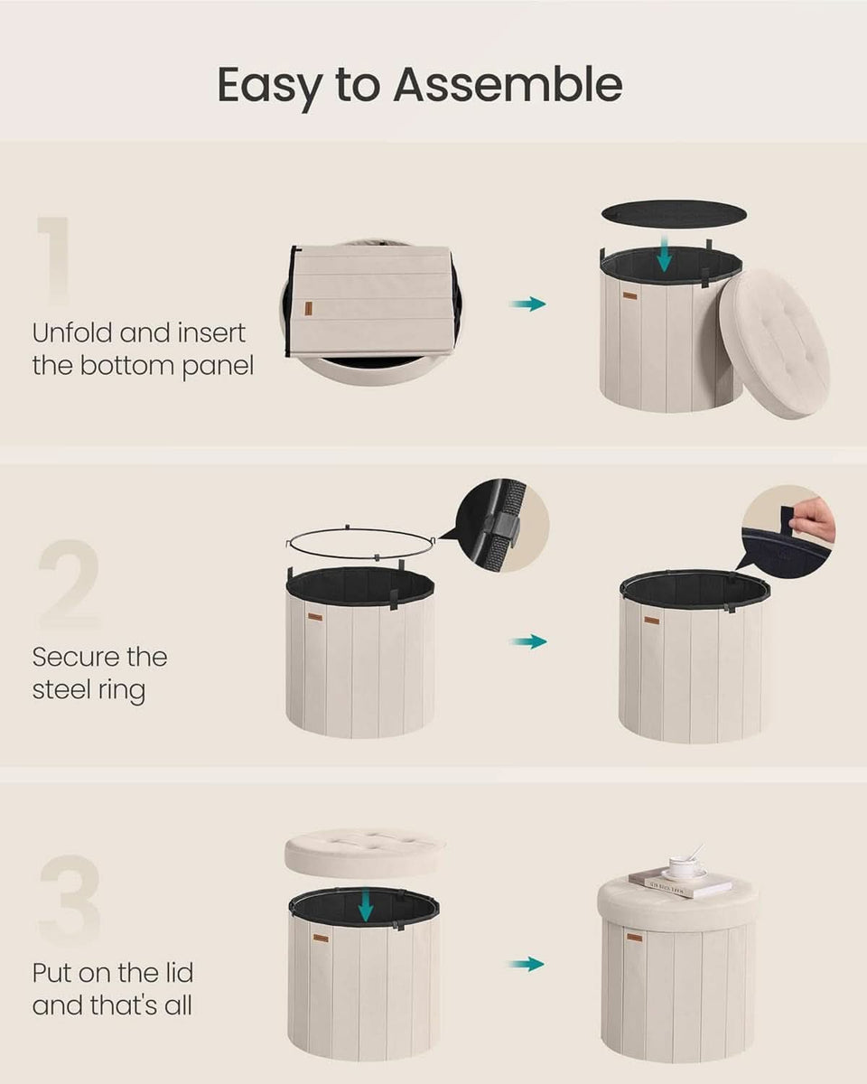 Round Folding Storage Ottoman Cappuccino Beige Velvet