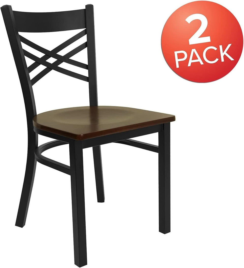 2 Pack Hercules Series Black X Back Metal Restaurant Chairs With Mahogany Wood Seats