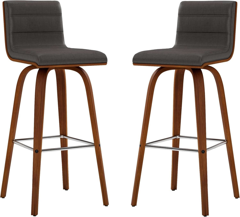 Mid-Century Modern Barstool Grey Faux Leather Wood Finish