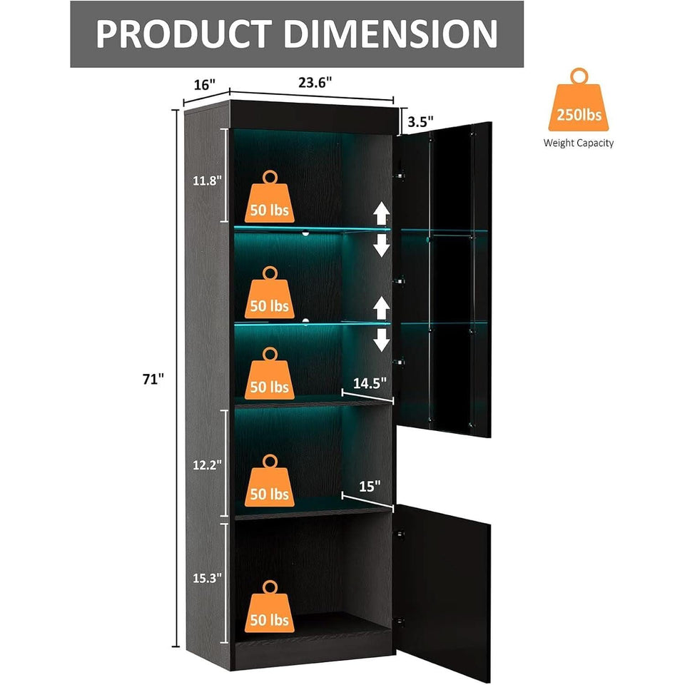 Two Piece 71 Inch Tall Bookcase Storage Cabinet With Glass Doors Set Of Two For Living Room And Office