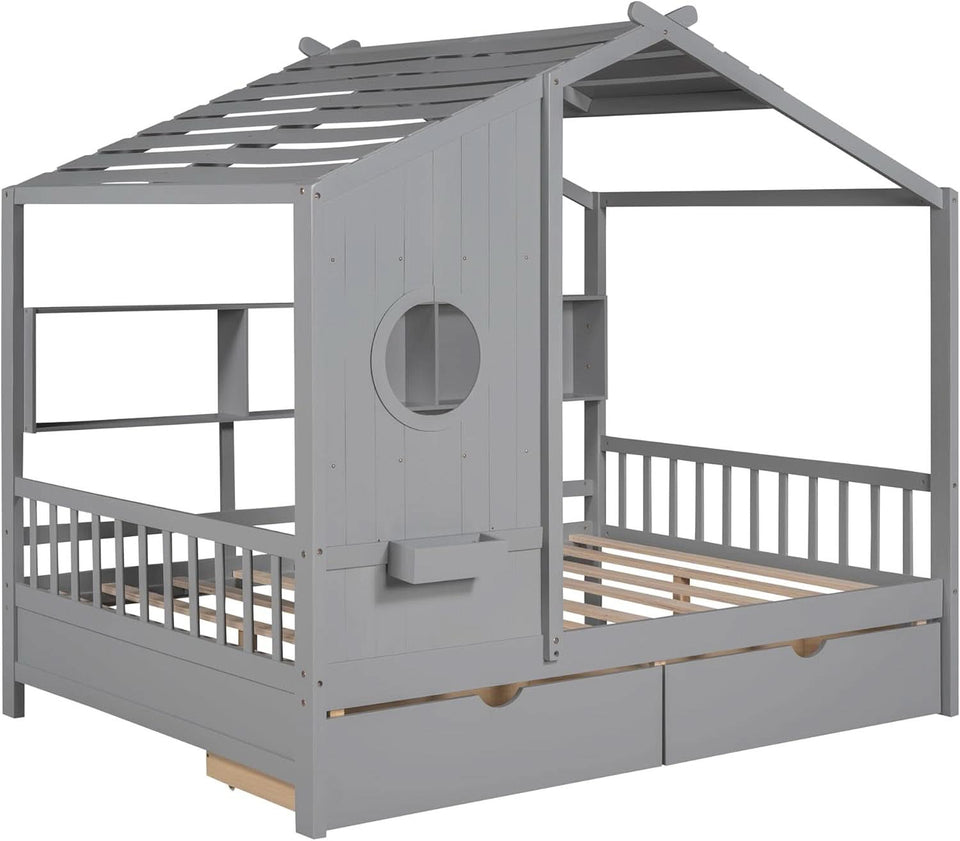 Kids Full Playhouse Bed With Drawers Shelves Storage