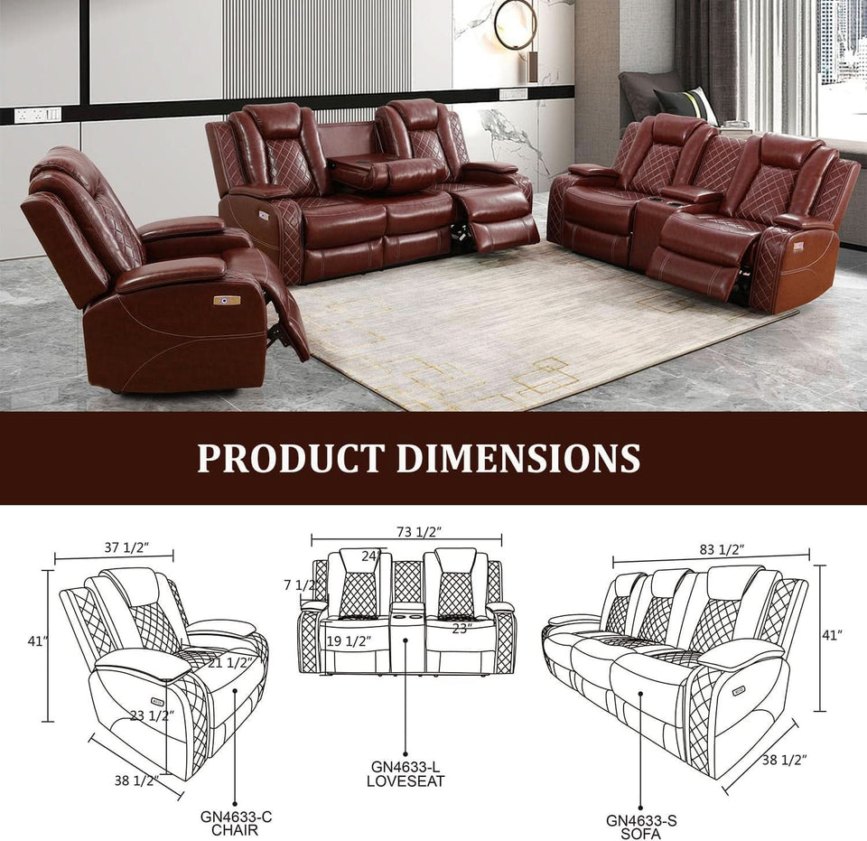 Power Reclining Leather Sofa Set With USB Ports Burgundy