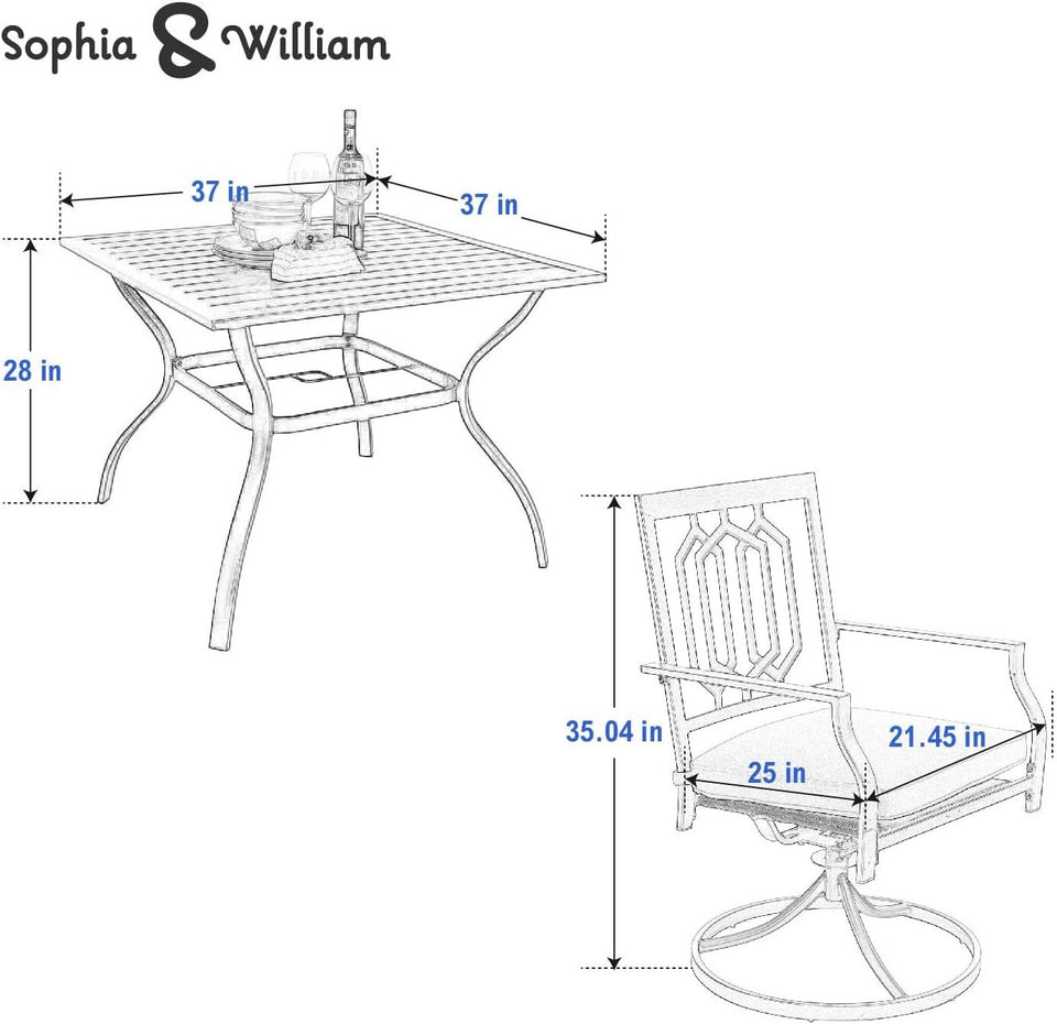 Patio Dining Set 5 Pieces With 37 Inch Table And Cushioned Swivel Chairs