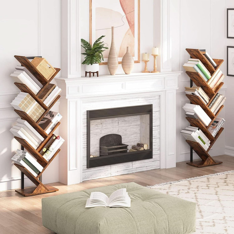 Tree Bookshelf 9 Tier Rustic Brown Living Room Bookcase