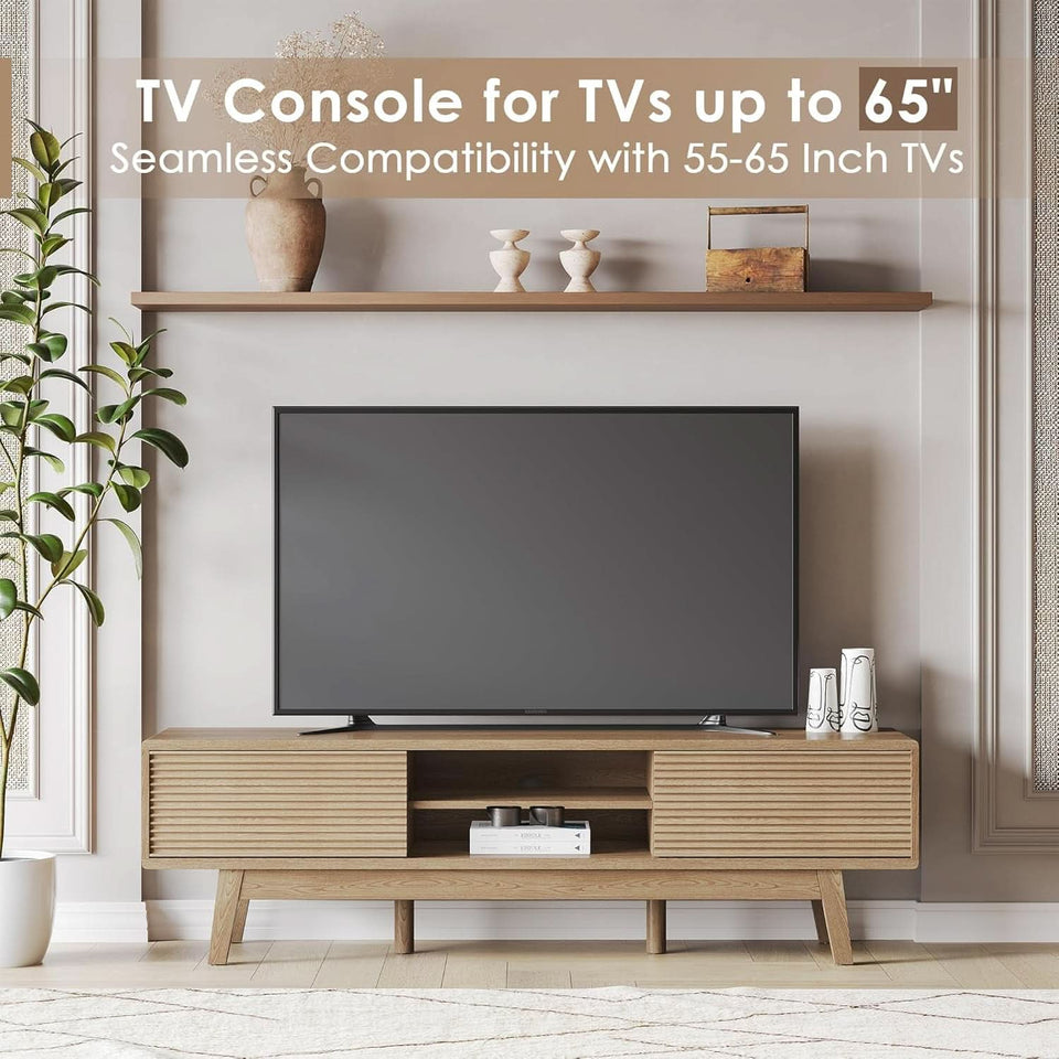 59 Inch Mid Century Modern TV Console Fluted Doors