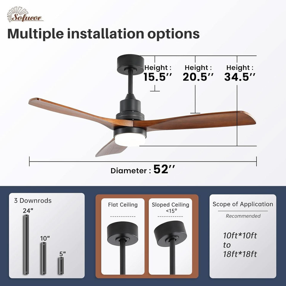 52 Inch Solid Wood Ceiling Fan With Remote Light DC Motor
