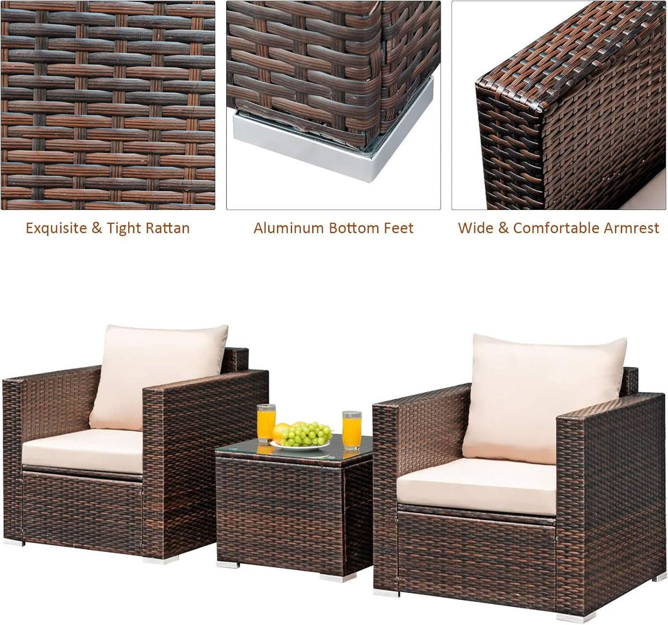 3 Piece Outdoor Patio Furniture Set Rattan Wicker With Washable Cushions And Tempered Glass Tabletop