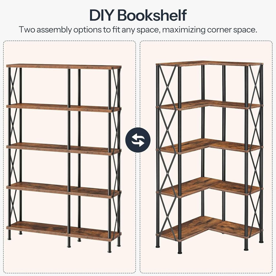 Corner Bookshelf 5-Tier L-Shaped Industrial Bookcase In Rustic Brown