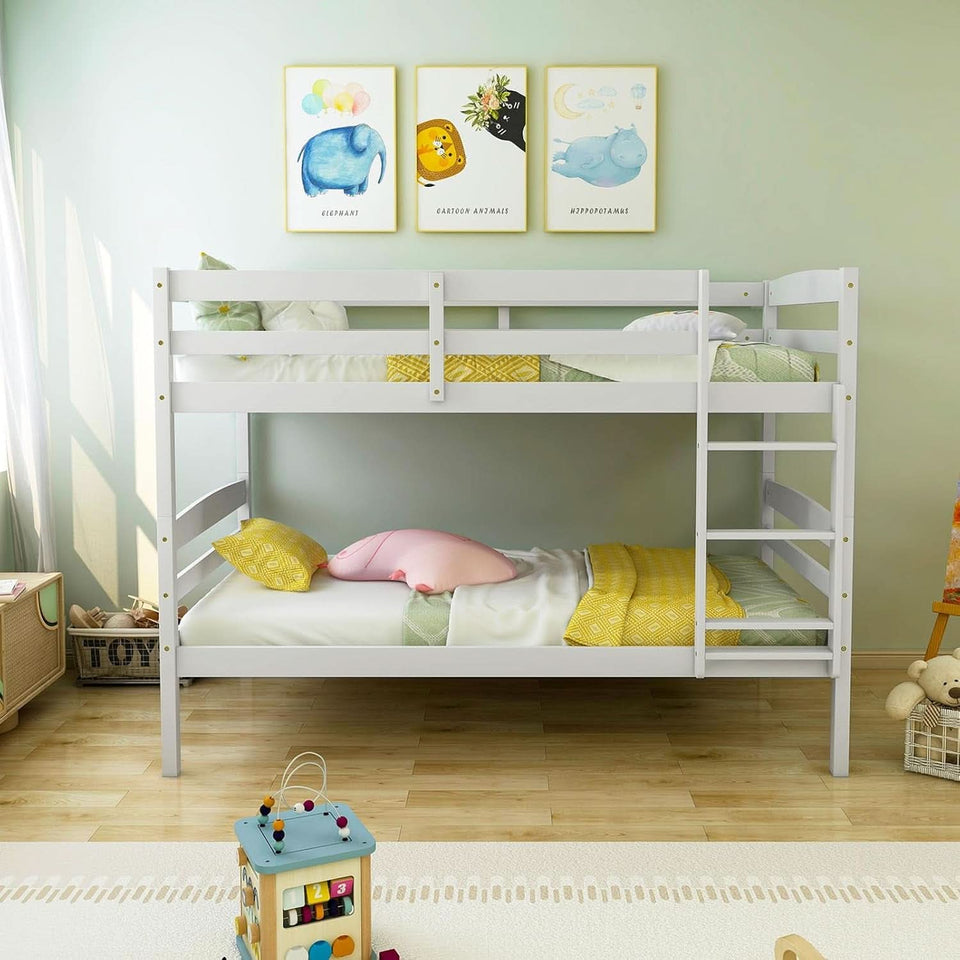 White Twin Over Twin Bunk Bed With Integrated Ladder
