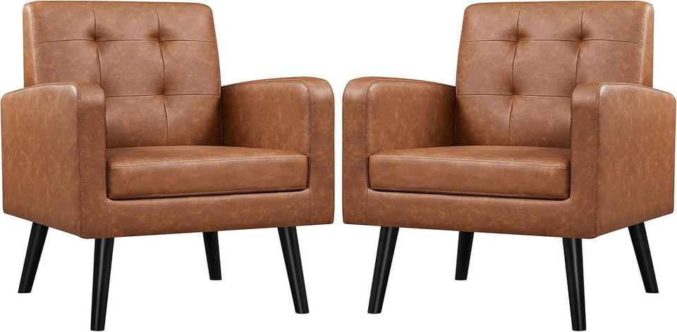 Brown PU Leather Midcentury Upholstered Ergonomic Armchair
