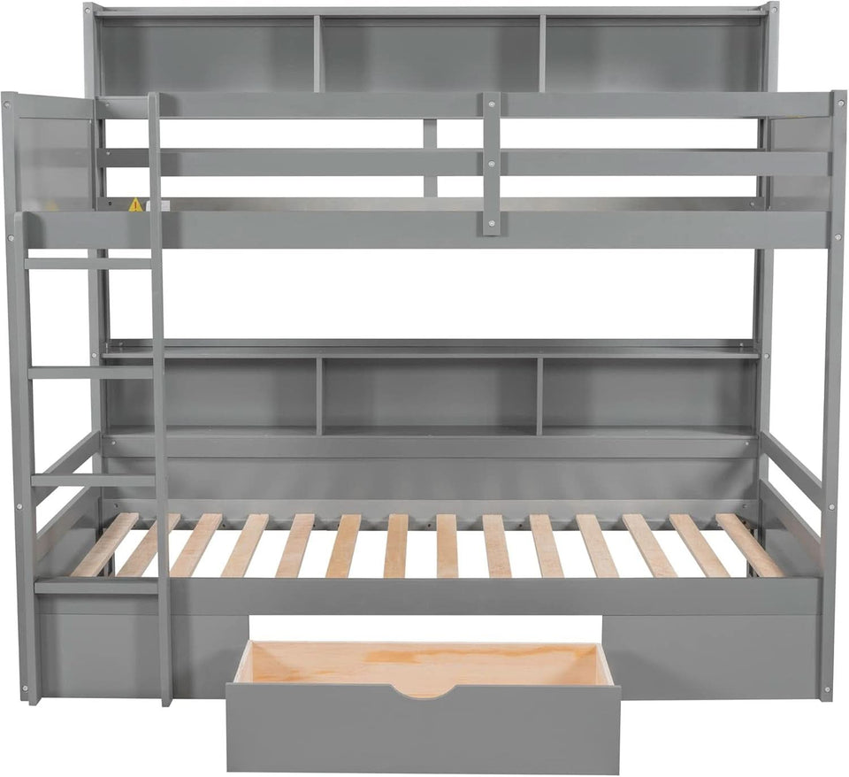 Gray Twin Over Twin Bunk Bed With Storage Drawers Shelves