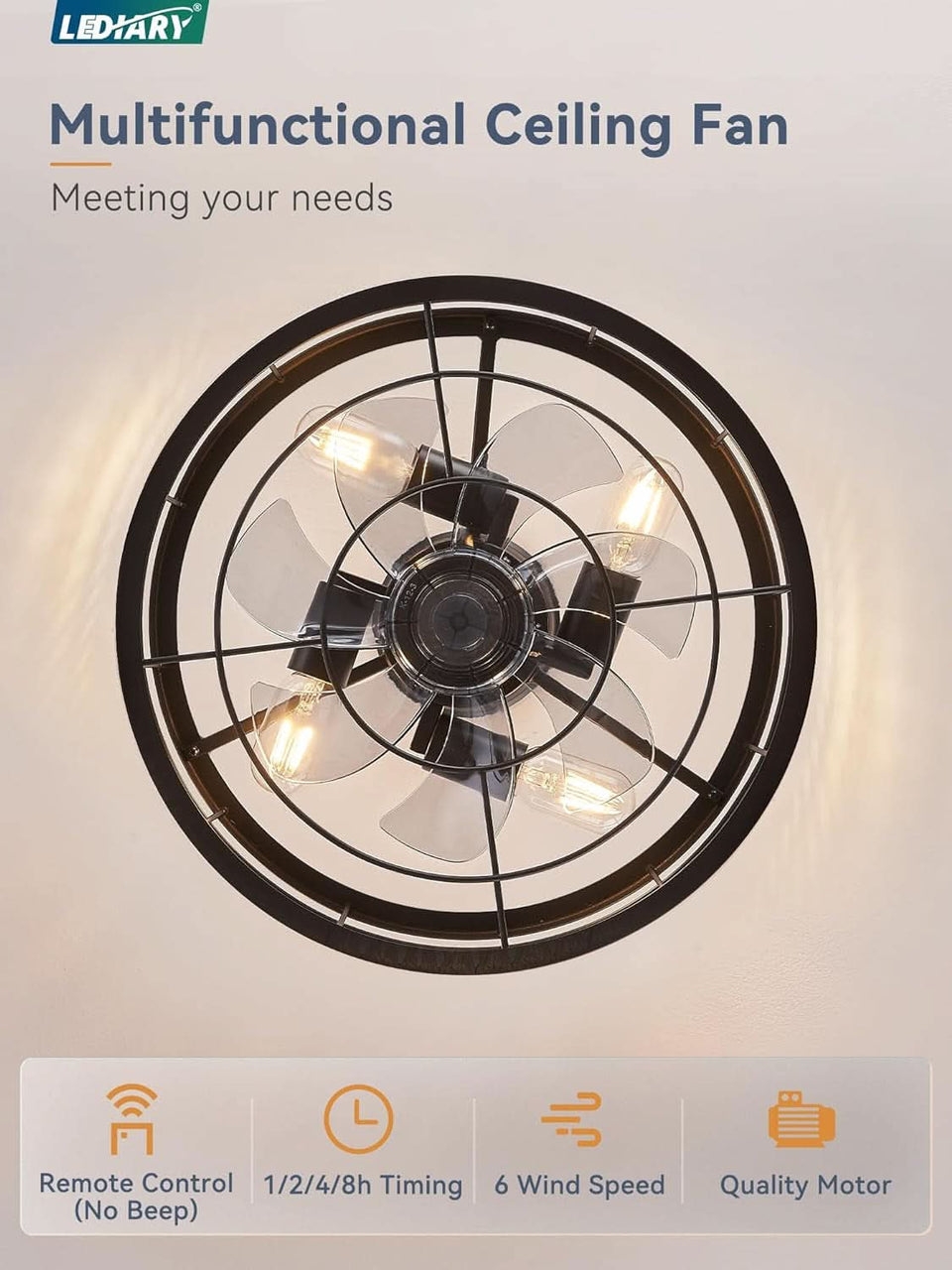 16.5 Inch Black Ceiling Fan Industrial Cage Design