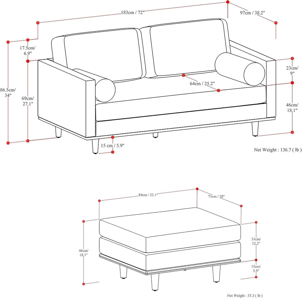 Morrison 72 Inch Mid Century Modern Sofa Set Mist Grey