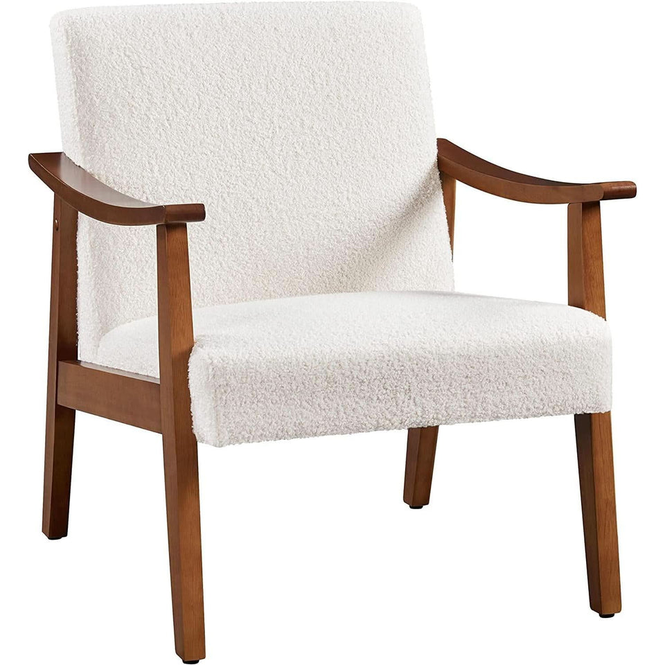 Mid Century Ivory Accent Chair With Wood Legs Boucle Upholstery