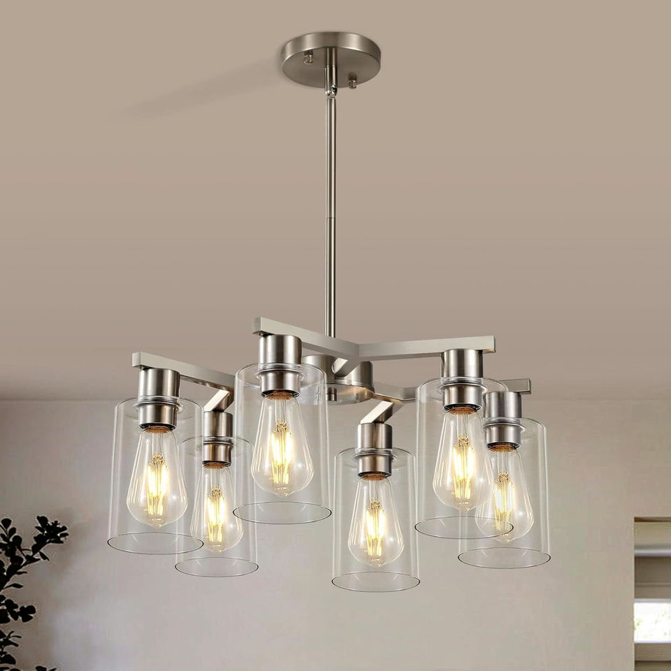 6 Light Farmhouse Brushed Nickel Pendant Chandelier