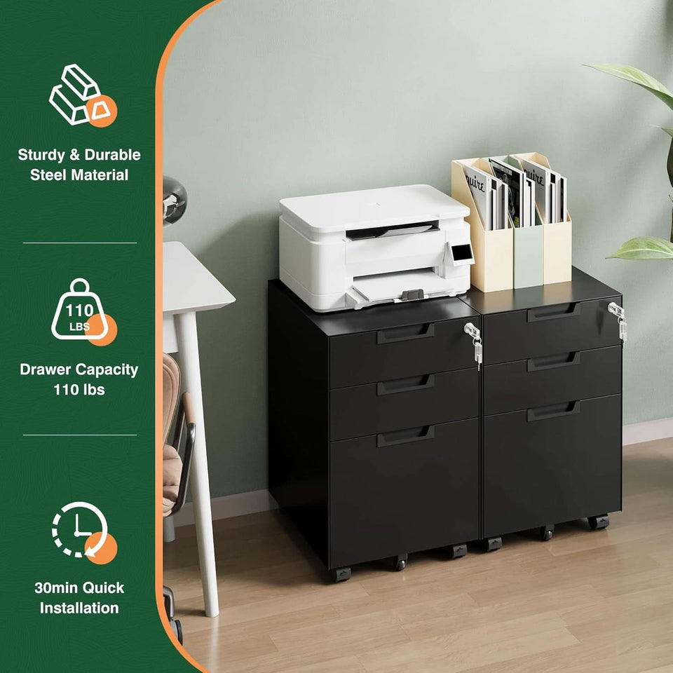 3 Drawer Mobile File Cabinet With Lock In Black Metal Under Desk Organizer For Letters Legal A4