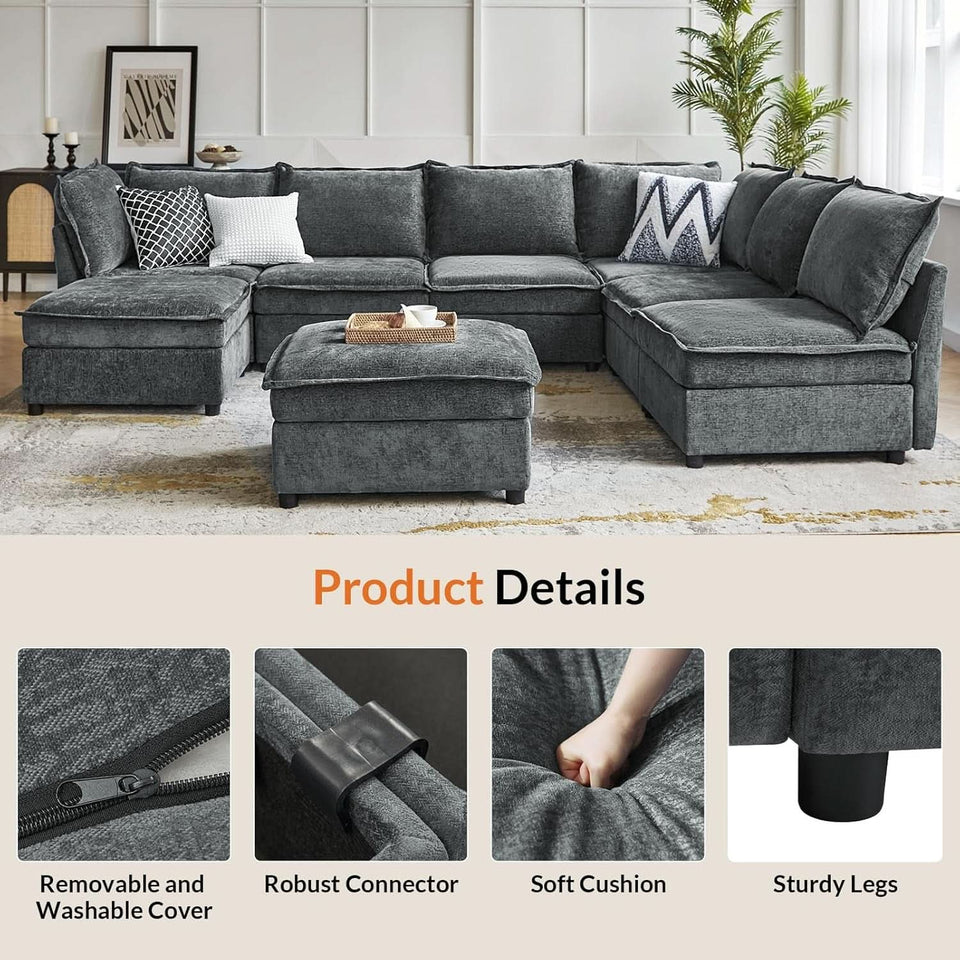 127 Inch Grey Modular Sectional Sofa With Storage Ottoman