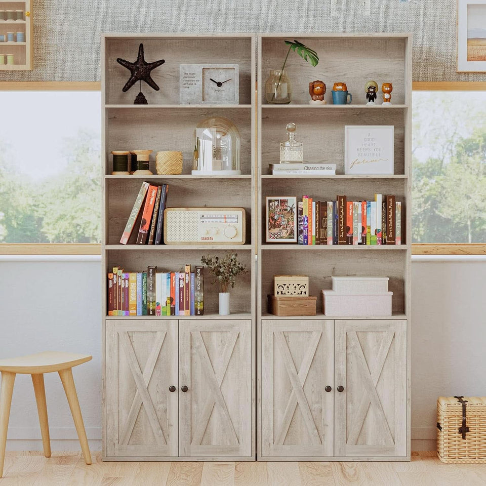 Industrial 70 Inch Tall Bookcase With Doors 6 Shelf Storage