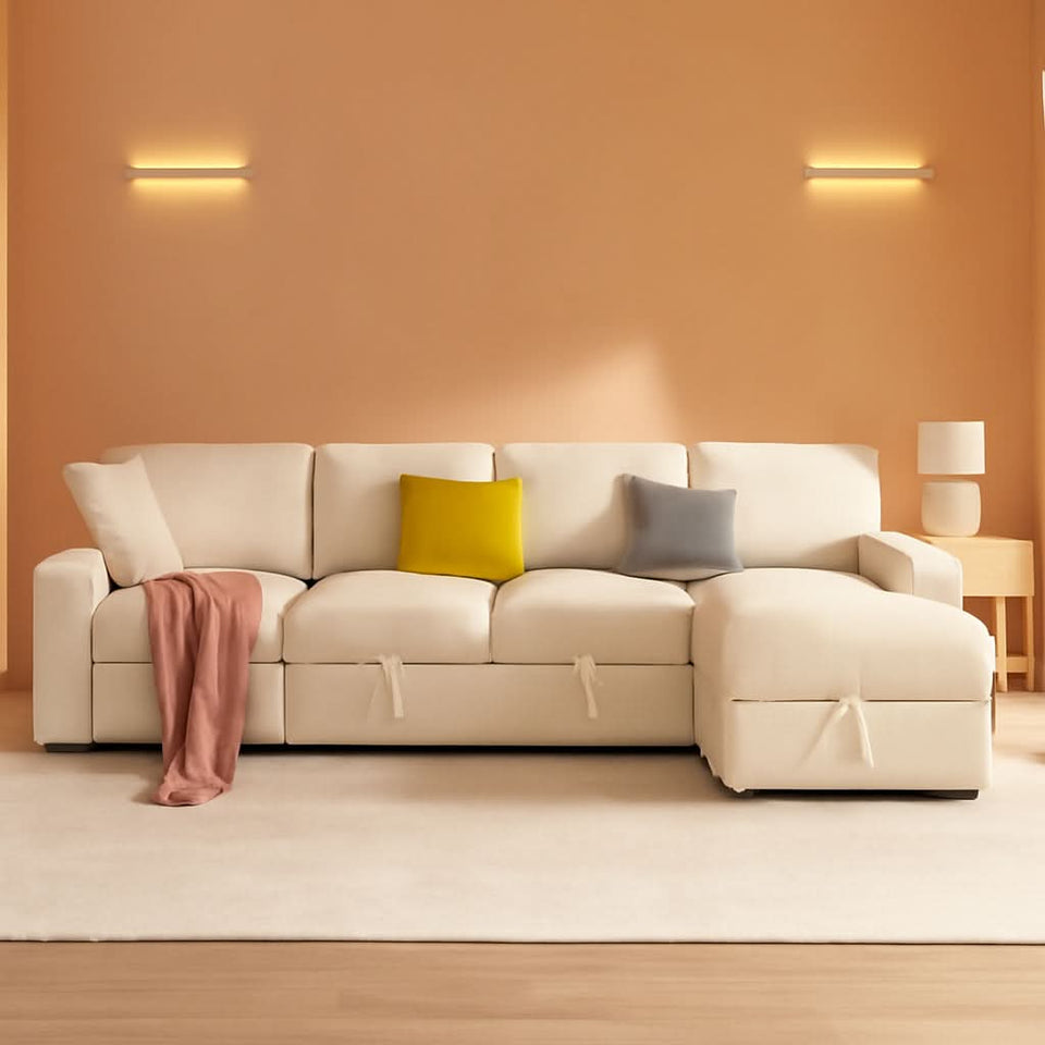130Inch Beige Upholstered Sleeper Sofa With Storage
