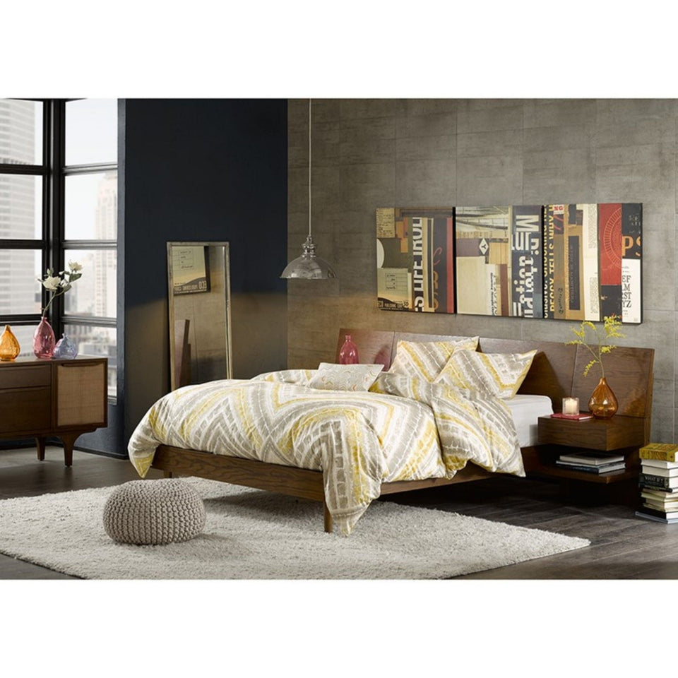 Queen Size Bed With Attached Nightstands And Hidden Storage - Pecan