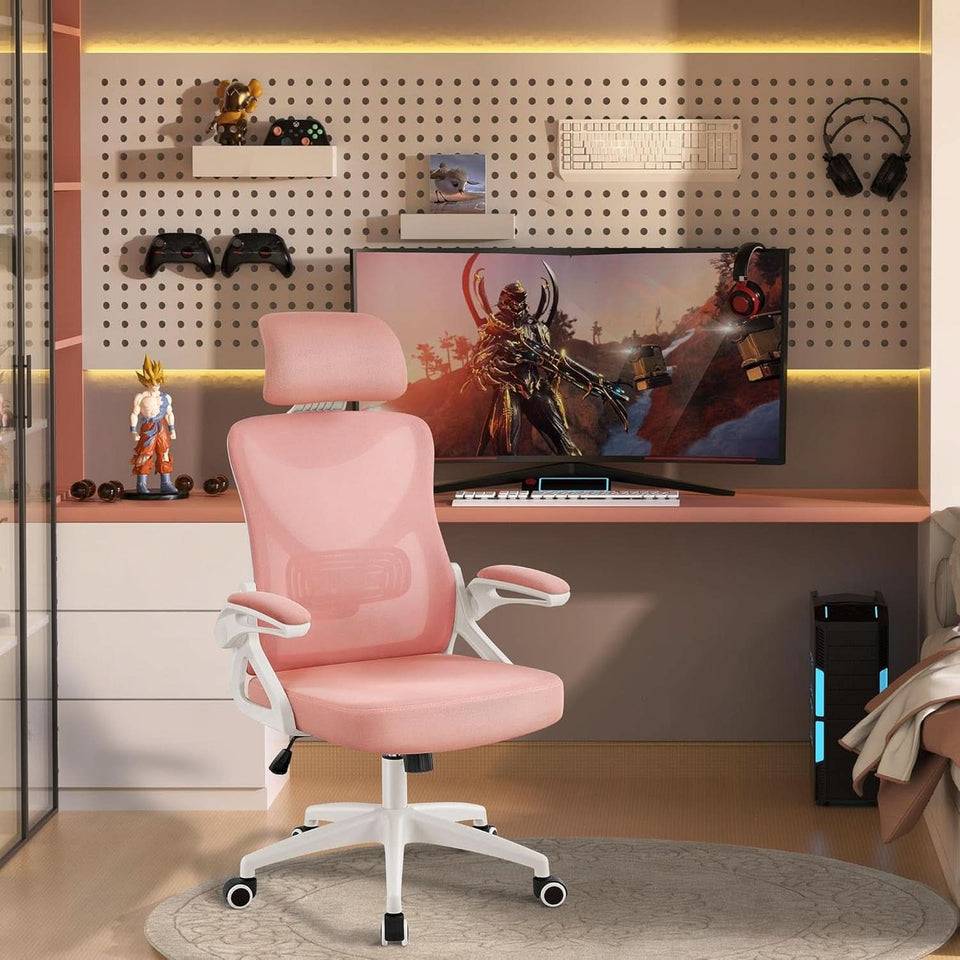 Ergonomic Office Chair High Back Mesh White Pink Lumbar