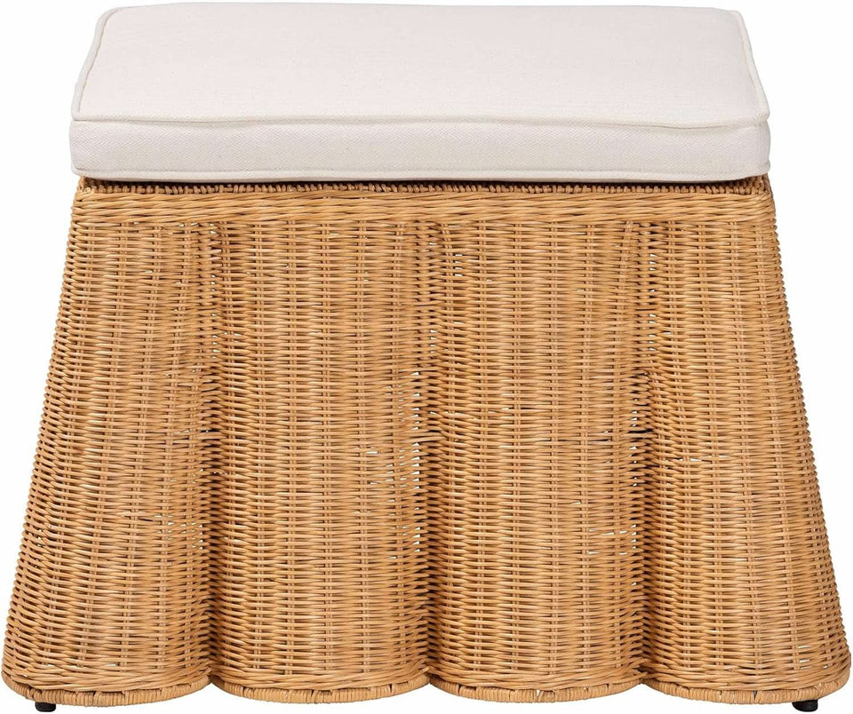 Honey Bohemian Scallop Rattan Ottoman Plush Cushion