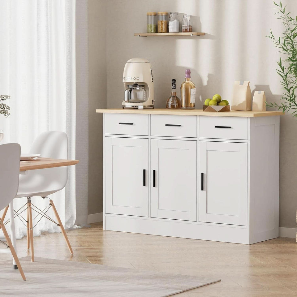 White Buffet Cabinet 47W Oak Top With 3 Doors And 3 Drawers