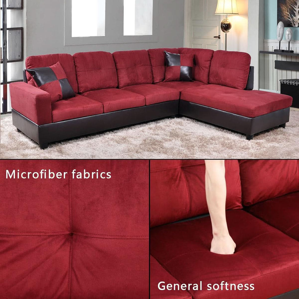 2 Piece Sectional Sofa Set L Shape Microfiber With Chaise Red Right Hand Facing Living Room